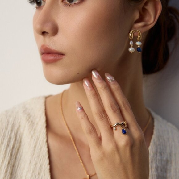 ✨ Artisan Original Lapis Lazuli Dangle Crown Ring | S925 Gold Adjustable - Picture 3 of 14